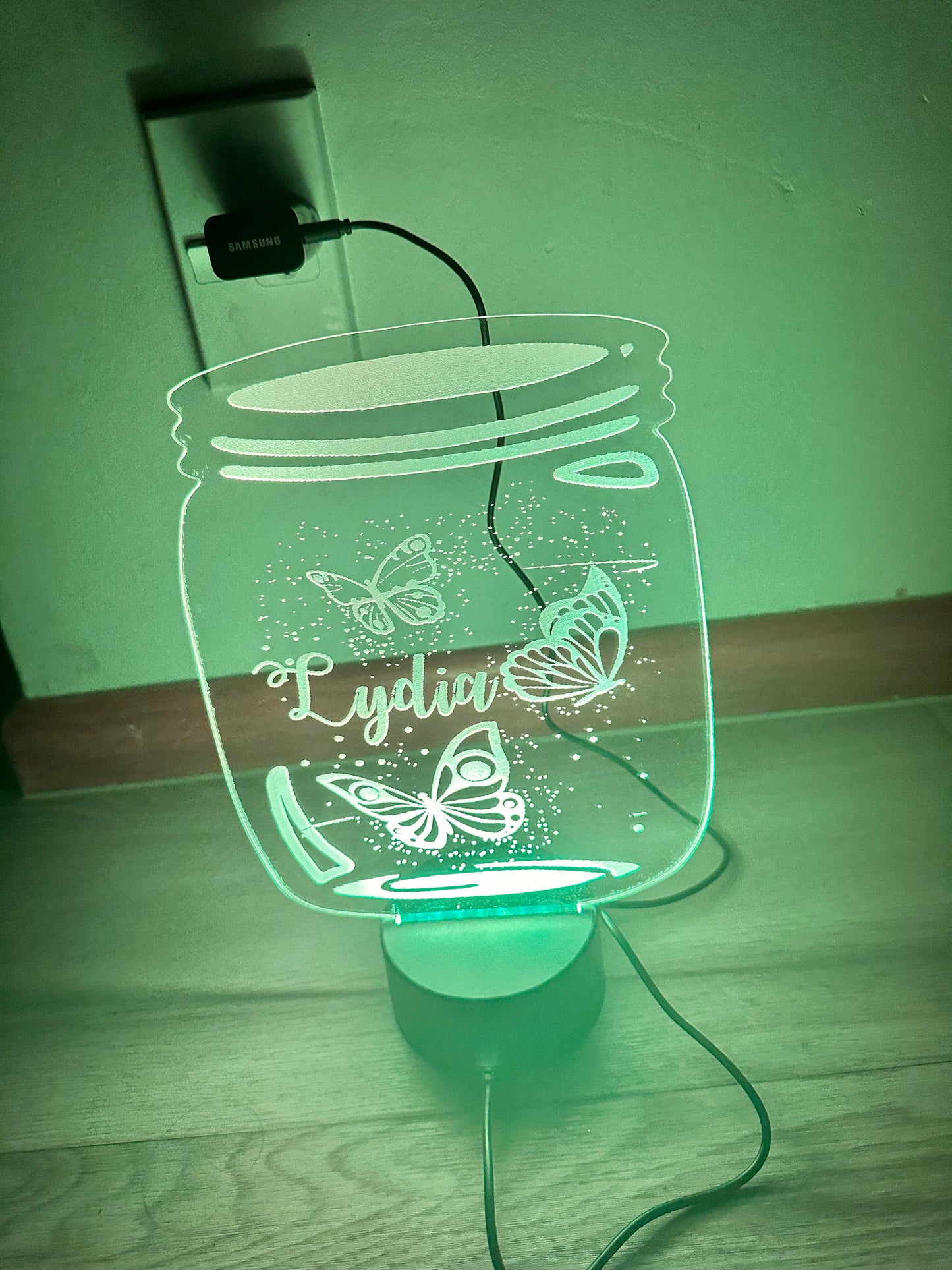 Jar with butterflies and name