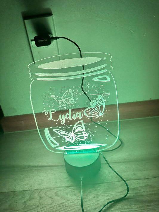 Jar with butterflies and name
